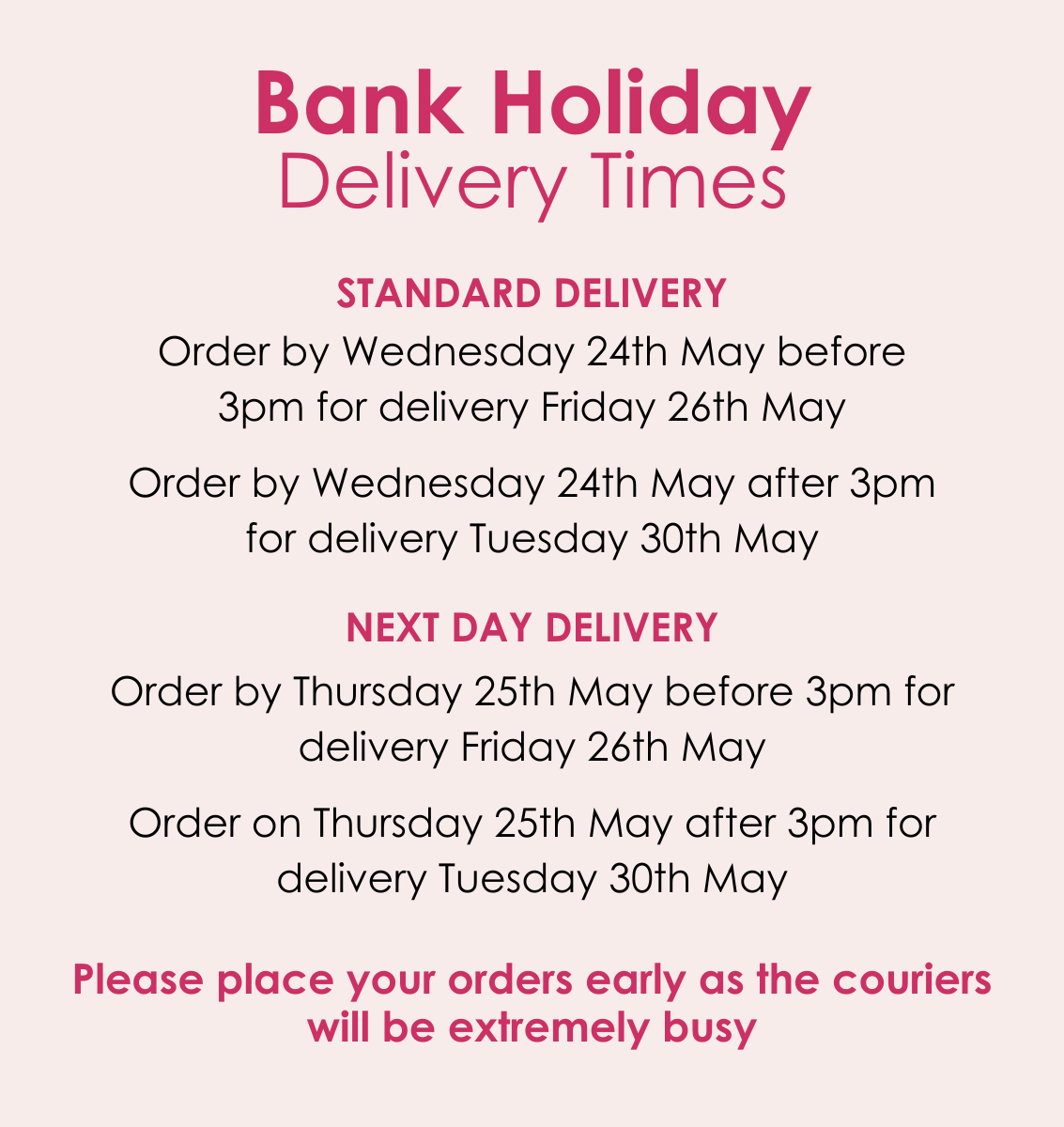 Bank Holiday delivery times